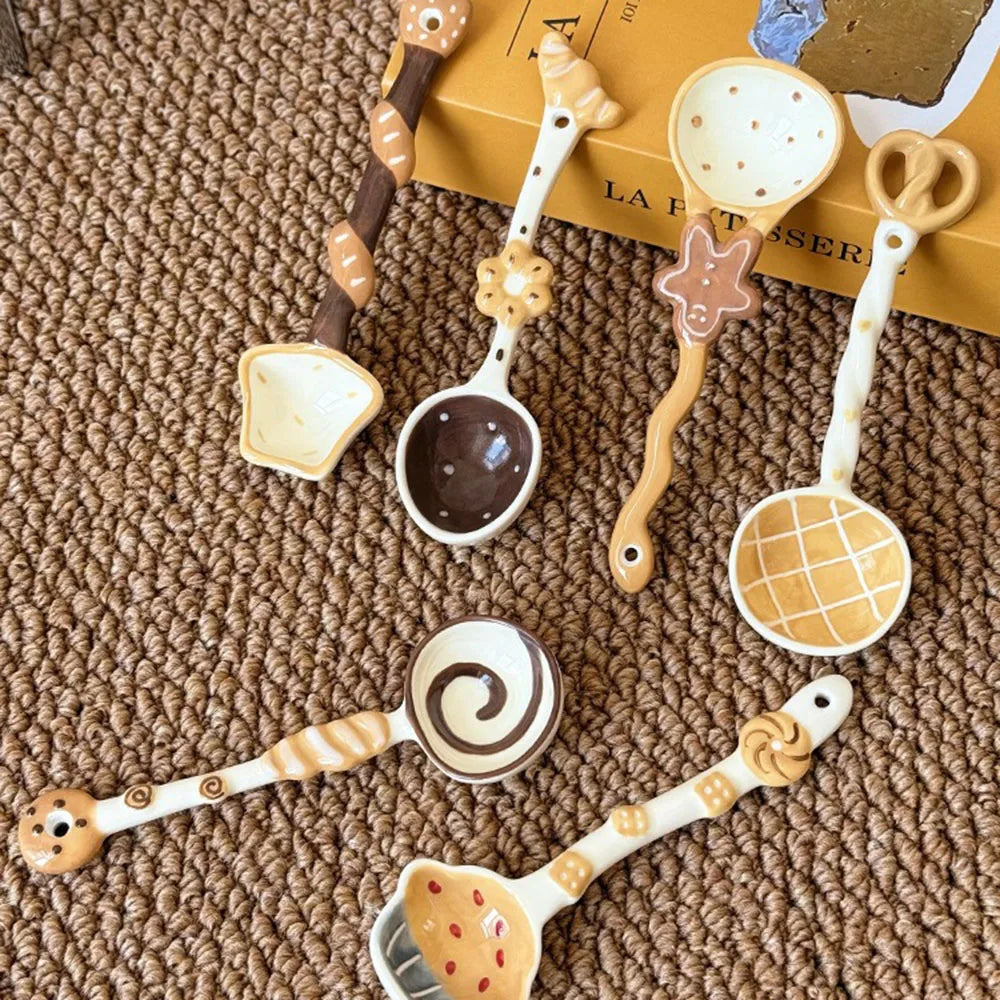 Ceramic Long Handle Spoon – Cute Baked Goods Underglaze Design