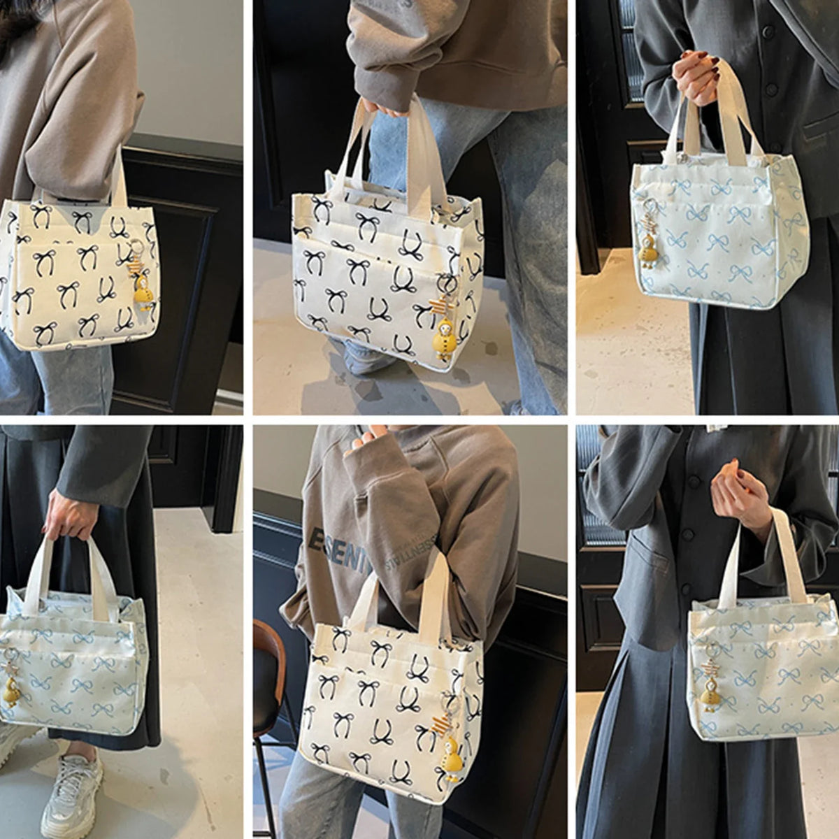 Canvas Lunch Bag Bow Pendant – Lightweight Bento Tote for Women