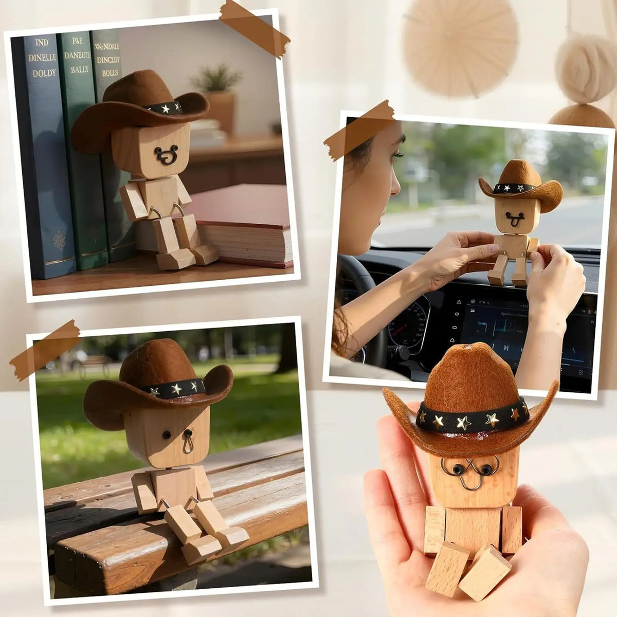 Wobbly Wooden Cowboy Figurine | Spring Shaking Dashboard Toy