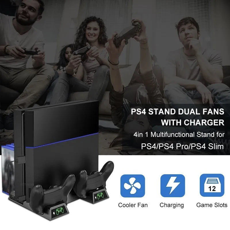 PS4 Cooling Stand Fan – Dual Charger, 12 Game Slots & USB Hub