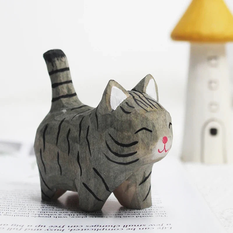 Handmade Basswood Carved Cat Ornament – Kitten Desk Decor