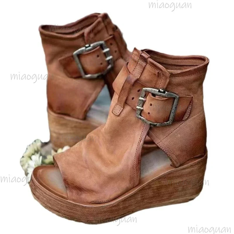 Plus Size Wedge Platform Sandals – Retro Roman Buckle Heels