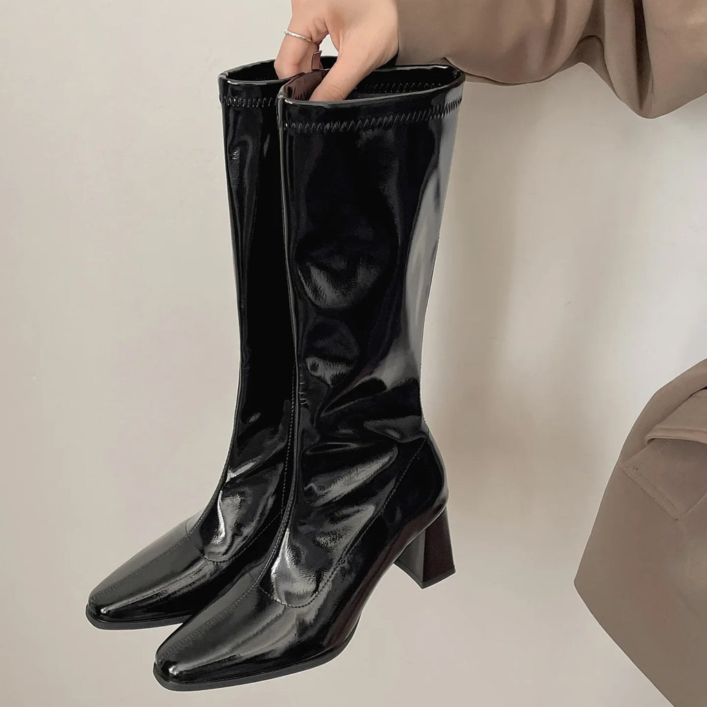 Women's Square Block Heel Mid-Calf Boots | Side Zip