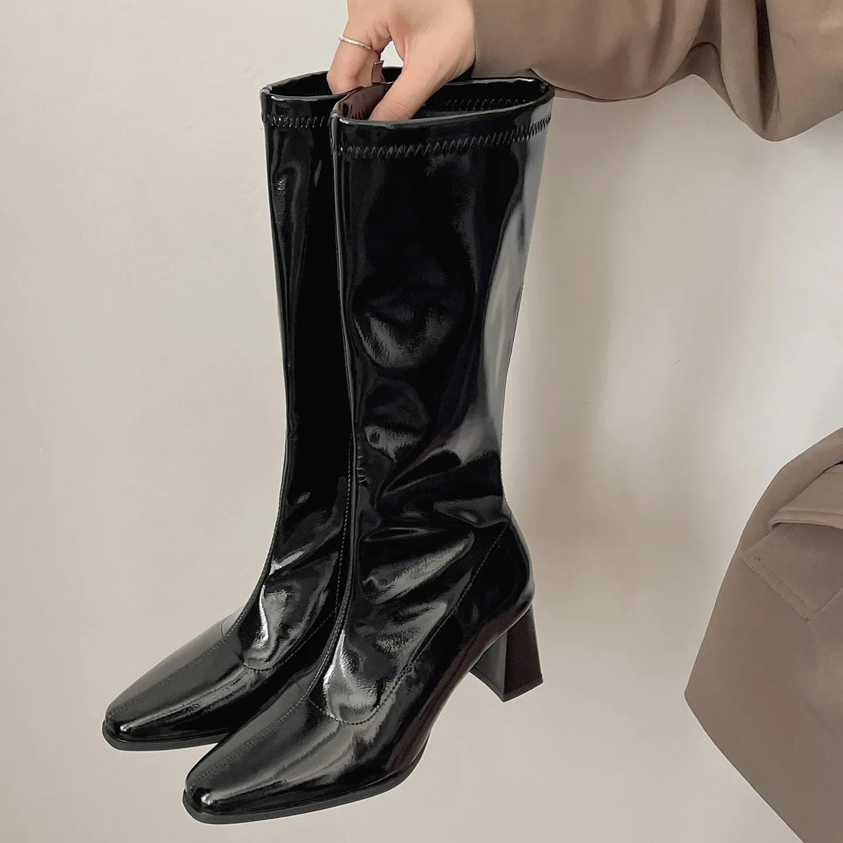 Women's Square Block Heel Mid-Calf Boots | Side Zip