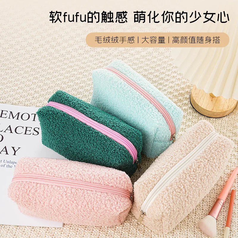 2026 Cute Zipper Plush Large Solid Cosmetic Bag Makeup Women Travel