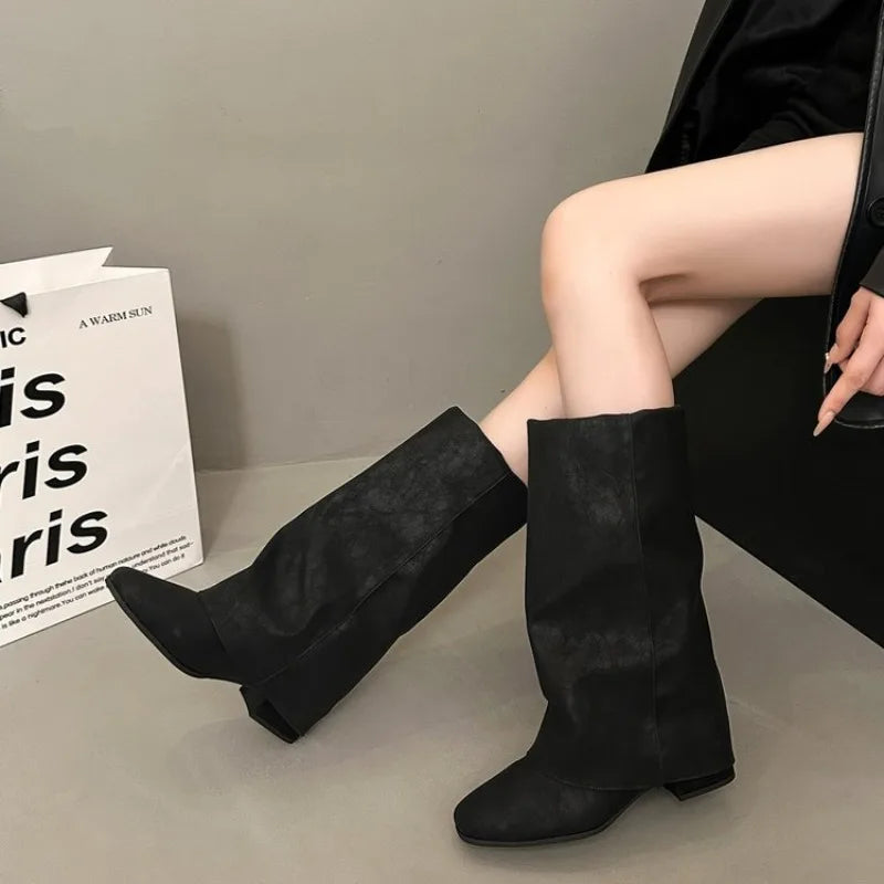 Women's Vintage Square Toe Mid-Calf Boots | Block Heel Slip-On