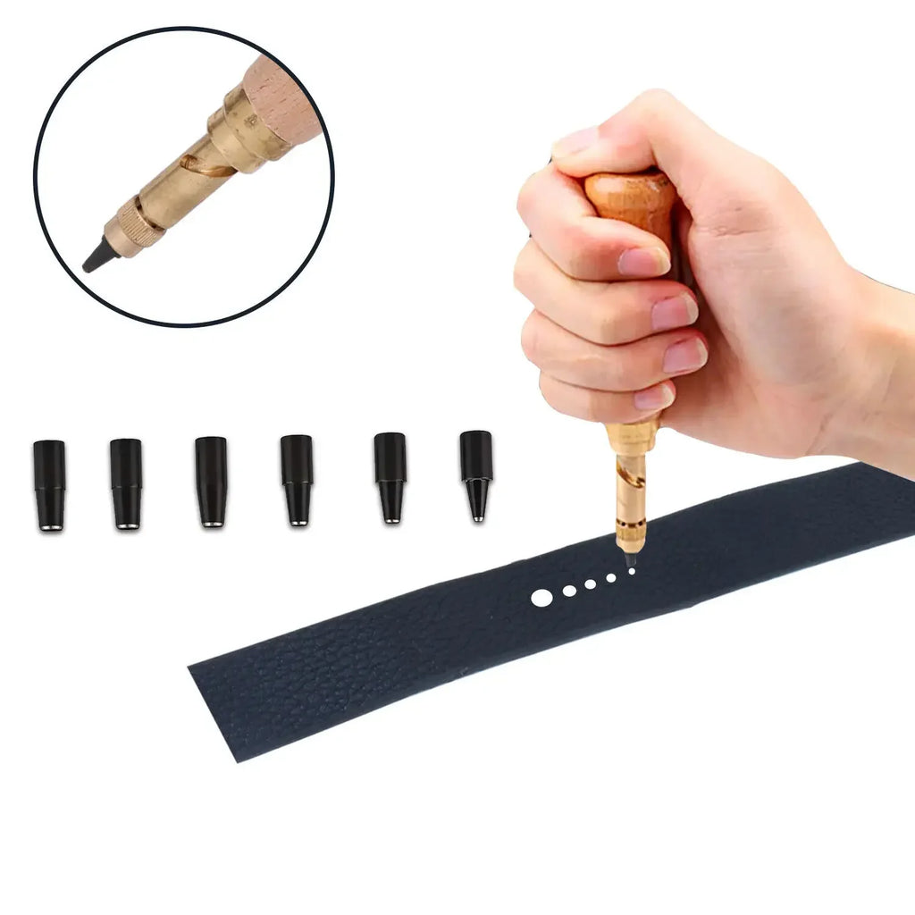 Auto Screw Punch Leather Tool – 6 Sizes 1.5–4mm Removable Tips