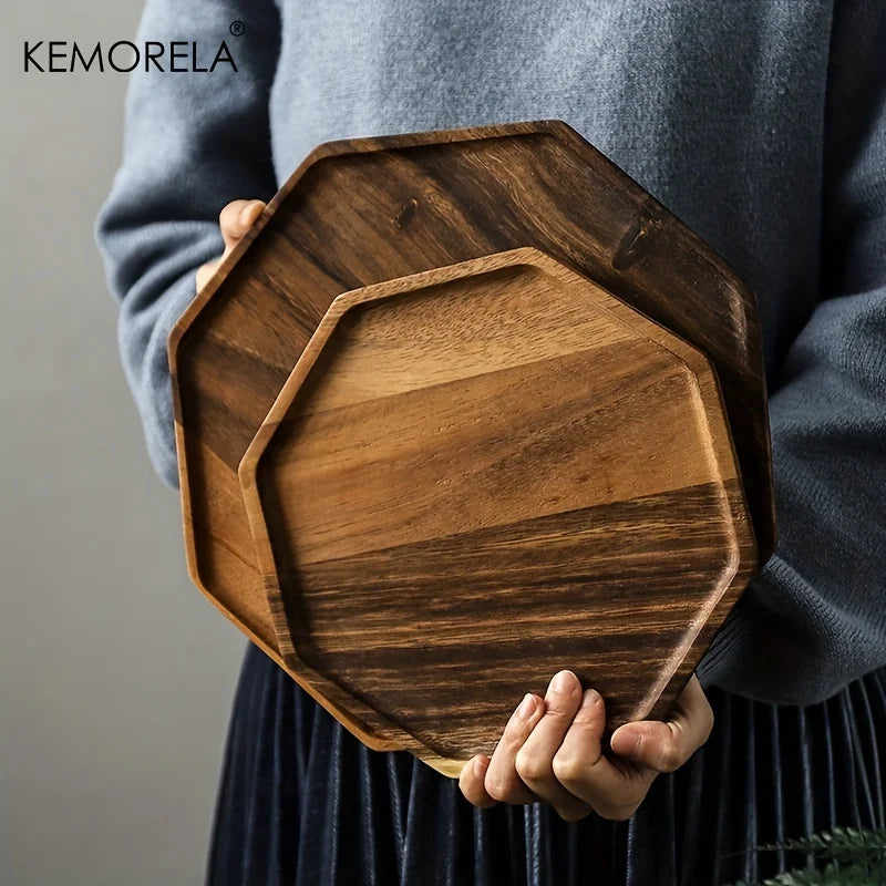 KEMORELA Acacia Wood Serving Tray – Octagonal Dinner & Dessert Plate