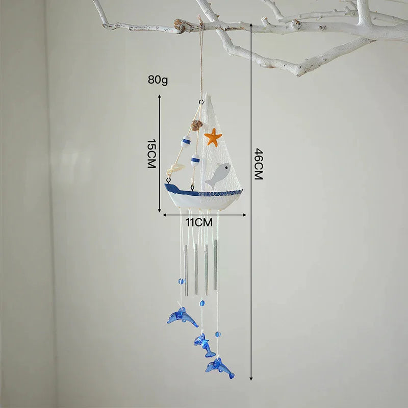 Mediterranean Wooden Sailboat Wind Chime Hanging Ornament