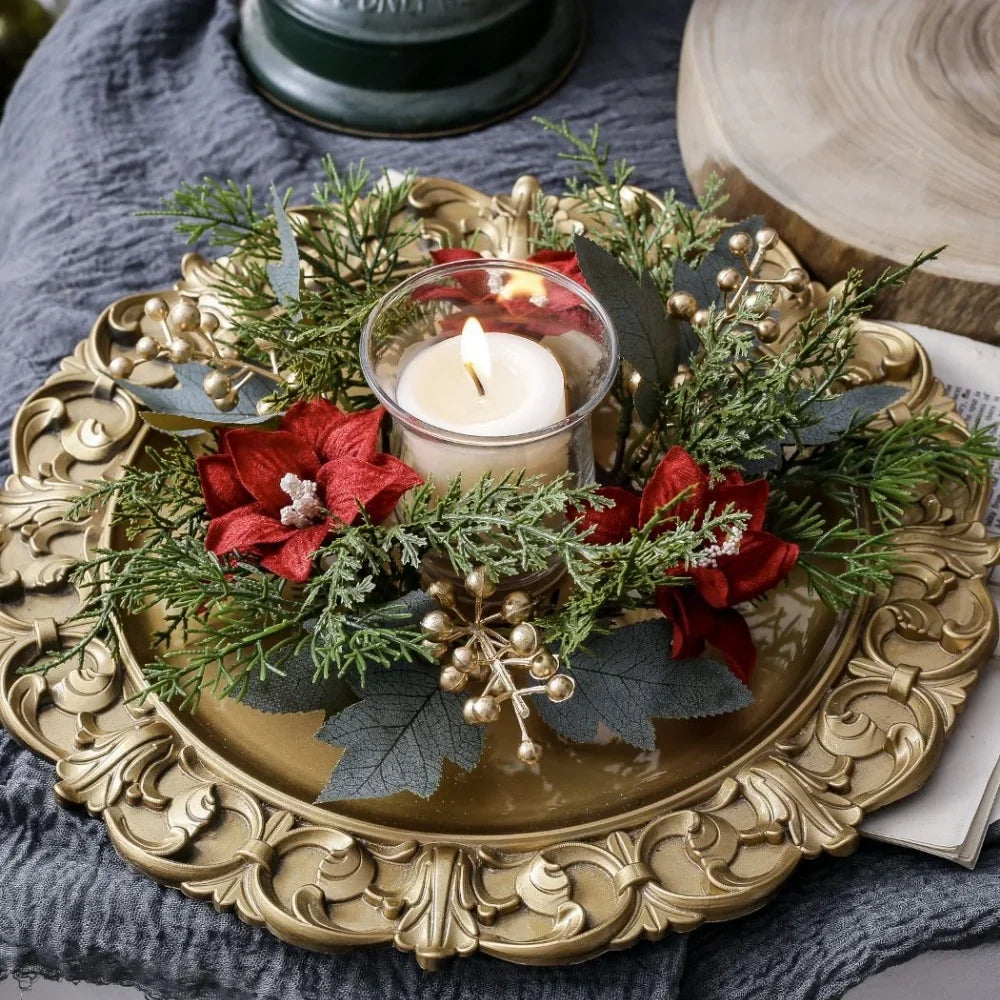 Christmas Candlestick Wreath Red Fruit Artificial Flowers Candle Ring