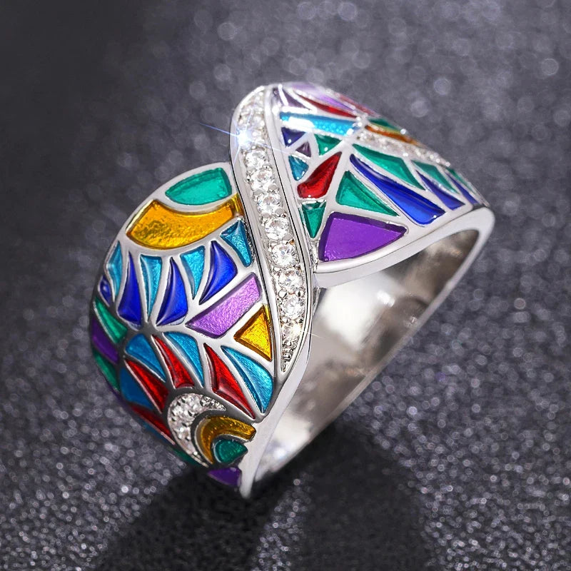 Huitan Colorful Enamel Cubic Zirconia Cocktail Ring for Women