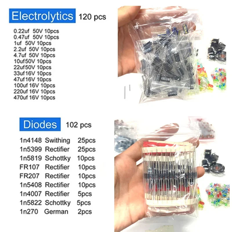 1818pcs Electronic Components Kit – Resistors, Capacitors, LEDs, PCB