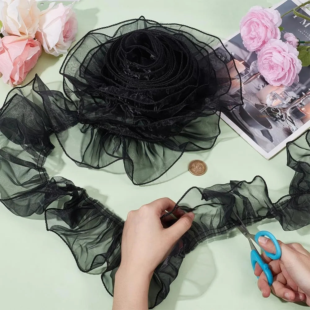 Black Organza Pleated Lace Ribbon Flower Trim 95mm – 8 Yards