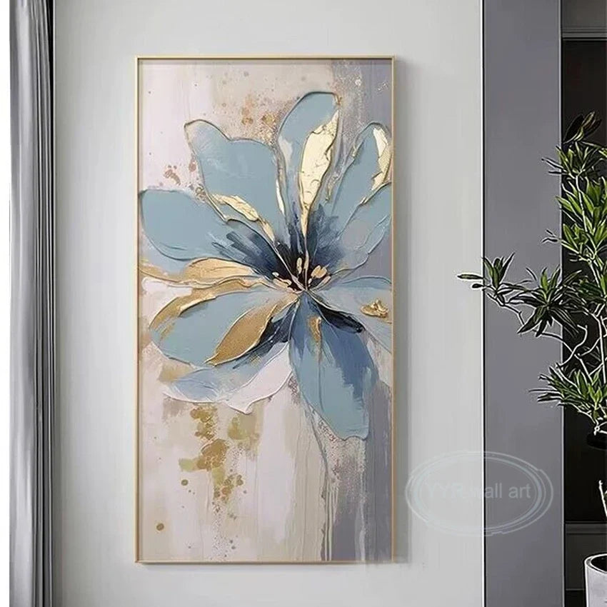 Hand-Painted Blue Floral Oil Painting on Canvas | Wall Art