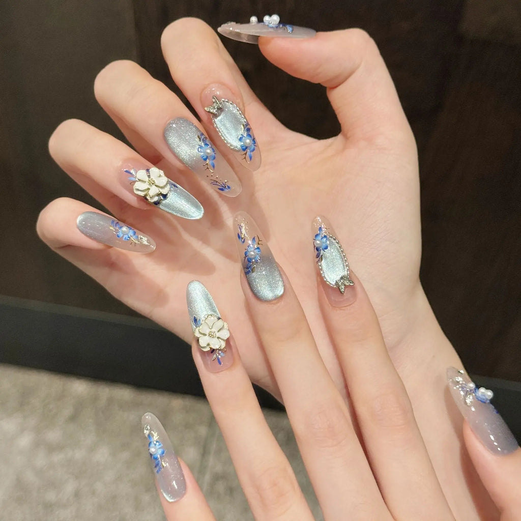 10pcs Chinese Style Press On Nails 3D Flowers Cat's Eye Blue Butterfly