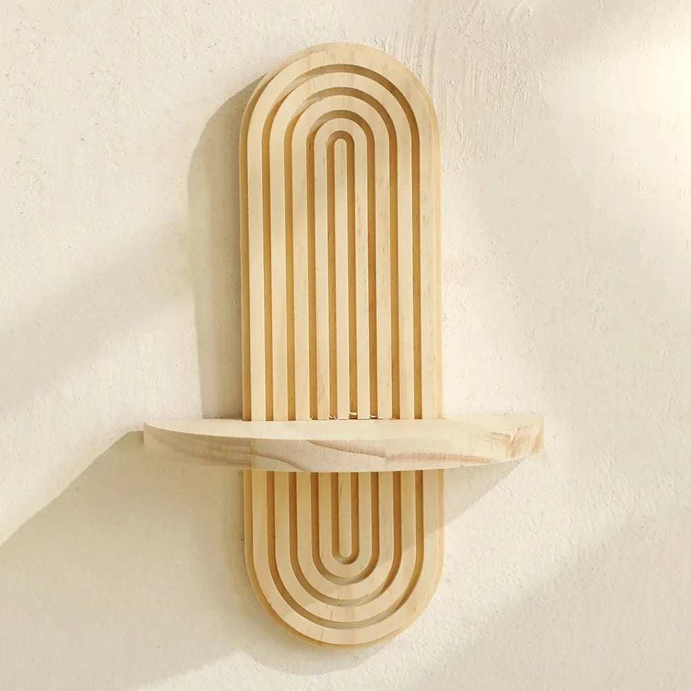 Bohemian Solid Wood Wall Shelf – Oval Flowerpot & Decor Holder