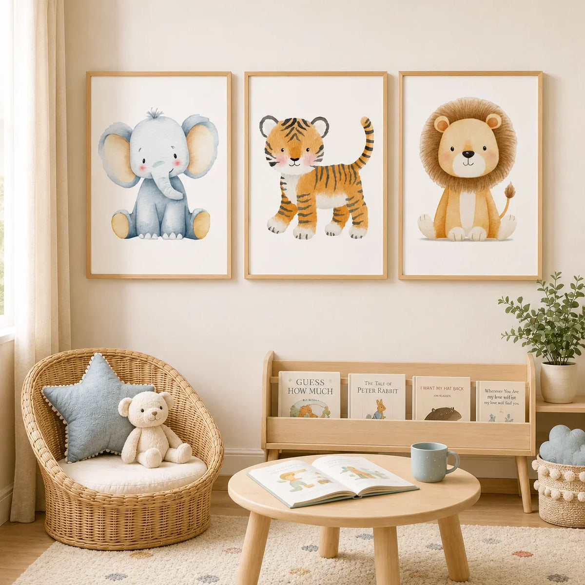 Nursery Animal Canvas Wall Art | Tiger Hippo Lion Kids Poster