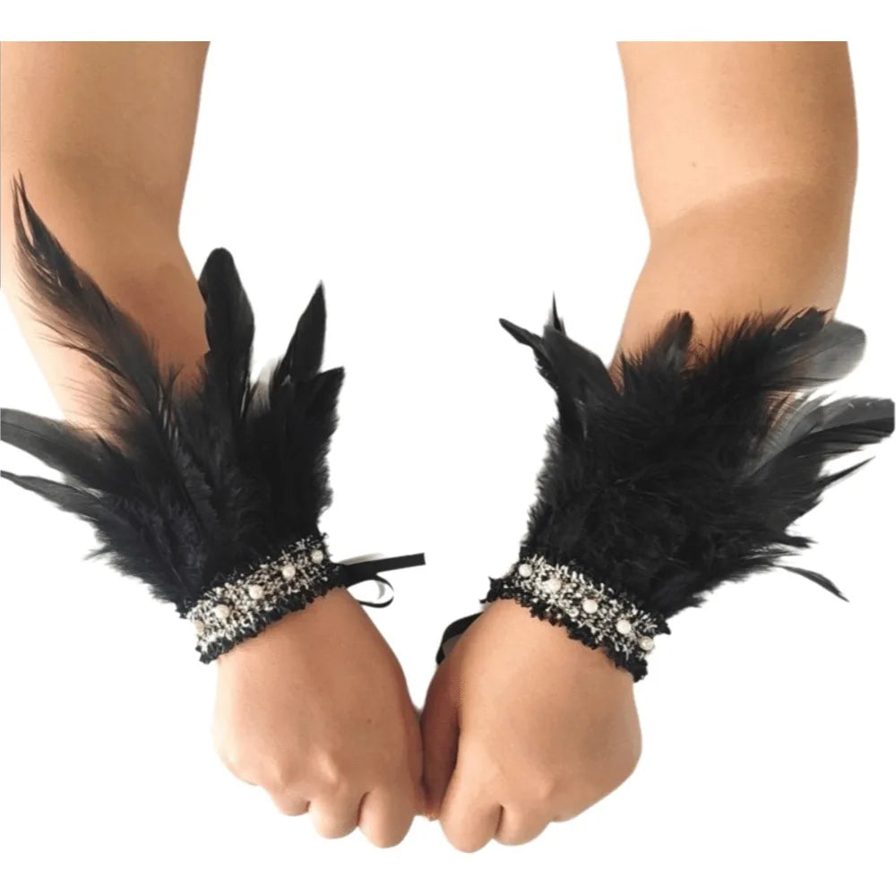 Feather Wrist Cuffs – Lace Pearl Arm Cuffs for Halloween & Carnival