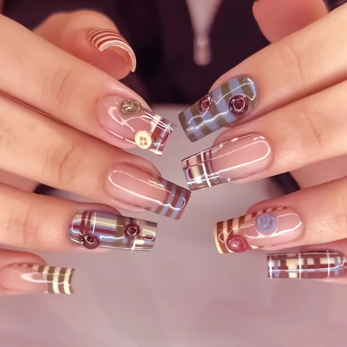 24pc 3D Ladybug Press On Nails – French Striped Y2K Style