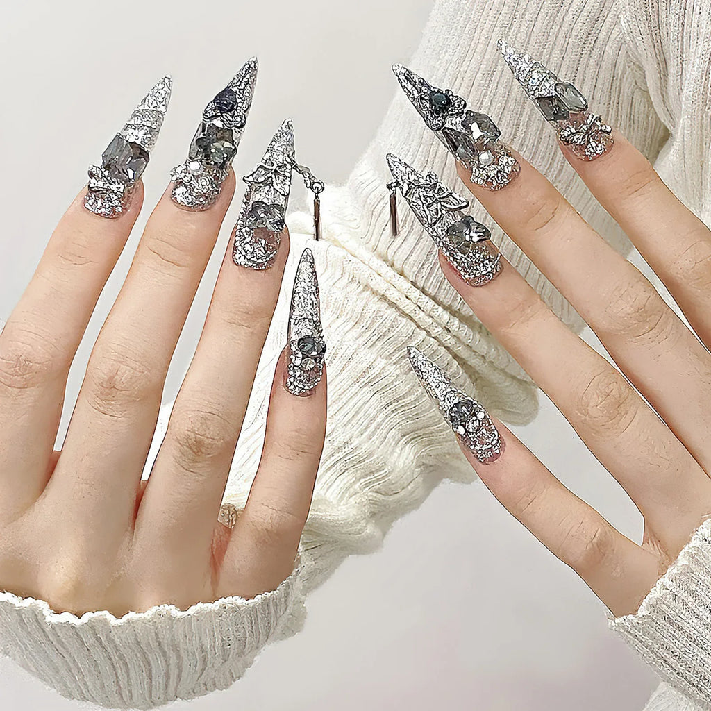 Rhinestone Glitter Press-On Nails – Long Pointed Bridal Set