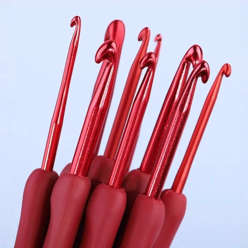 Aluminum Tulip Red Crochet Hook Frosted Handle TPR Silicone Sweater