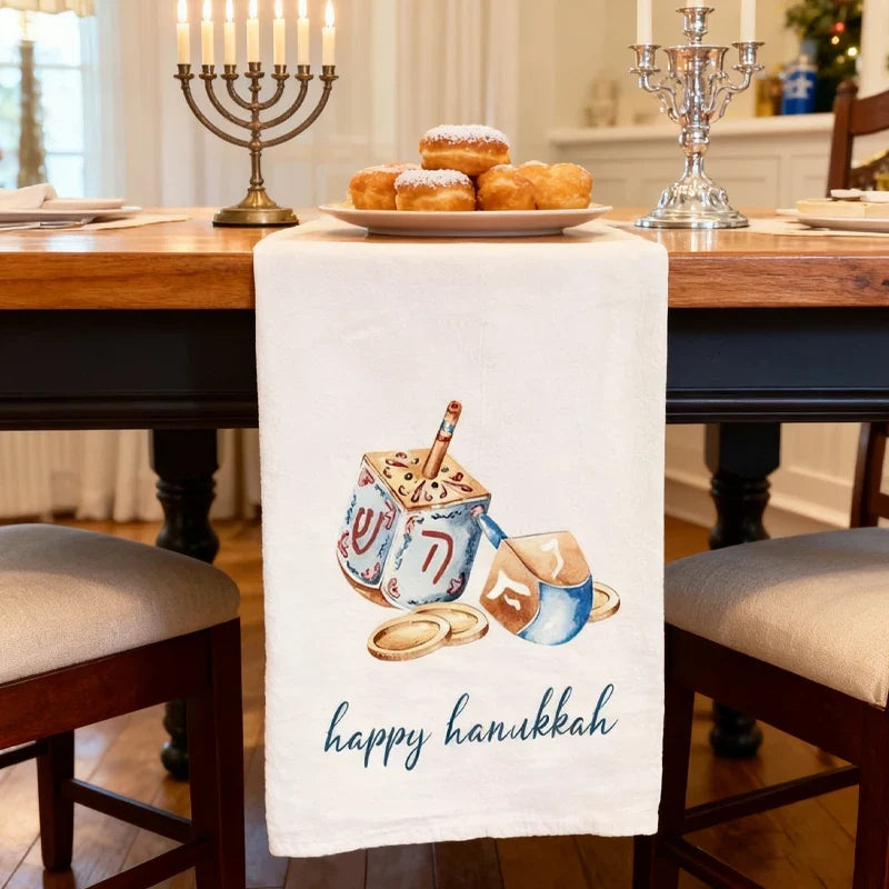 Happy Hanukkah Cotton Tea Towel – Dreidel & Coins Flour Sack