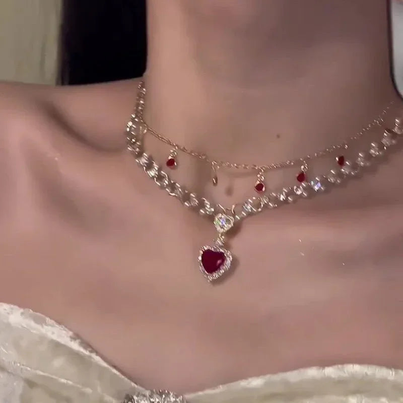 Red Heart Pearl Double-Layer Necklace | Collarbone Chain