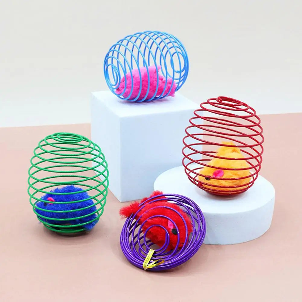 Interactive Caged Spring Cat Toy Ball with Mouse – Random Color