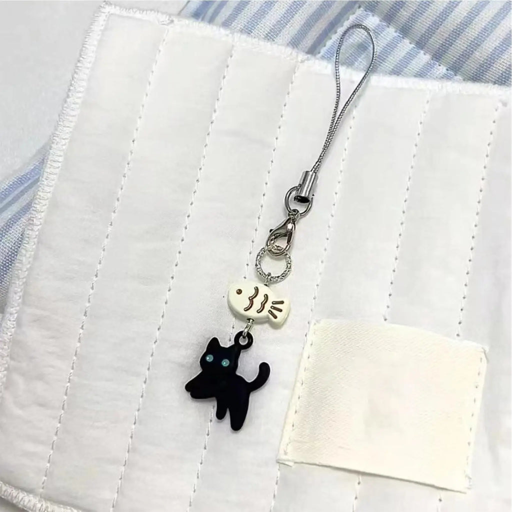 Kawaii Black Cat Phone Charm Pendant | Anime Keychain