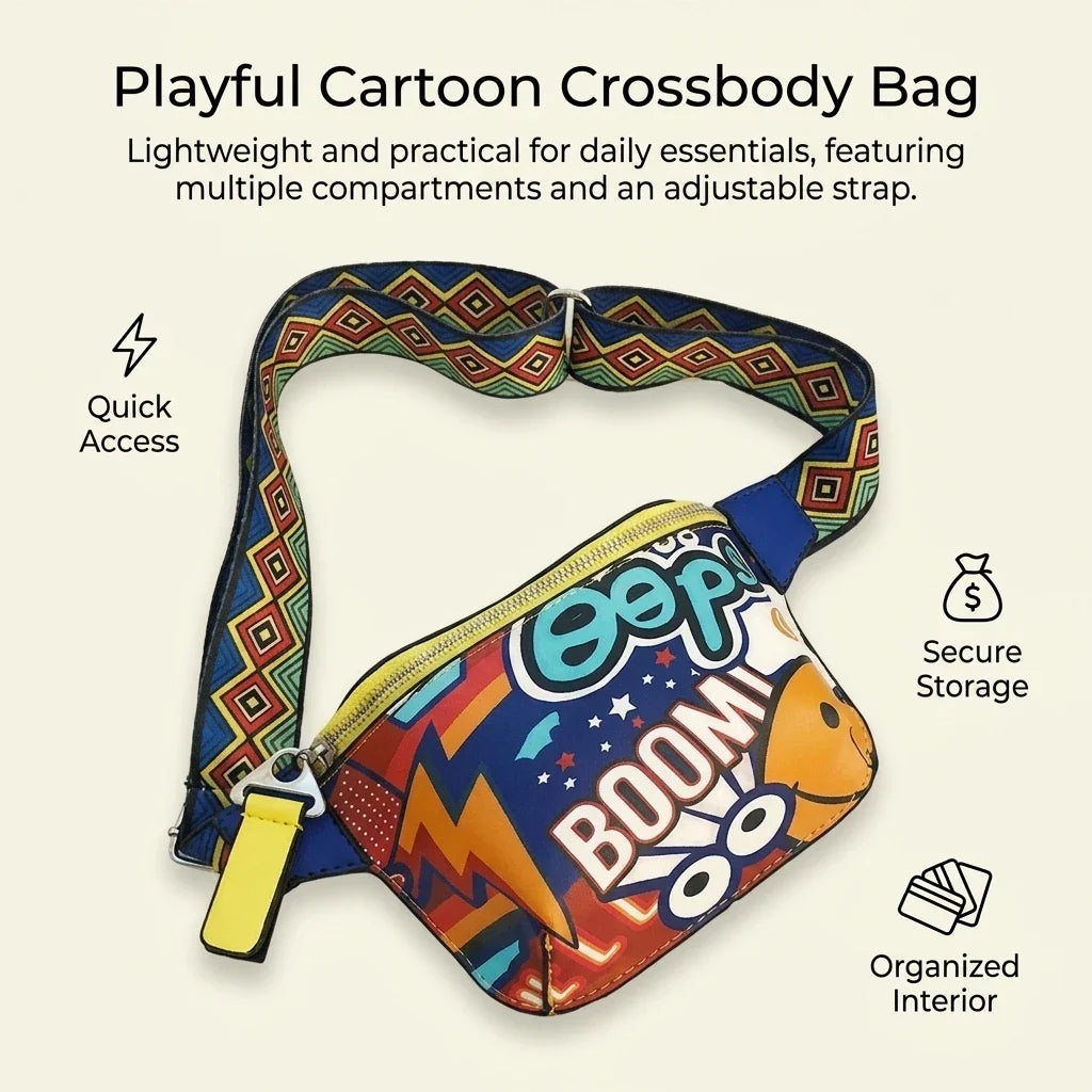 Korean Cartoon Crossbody Bag | Adjustable Strap, Multi-Pocket