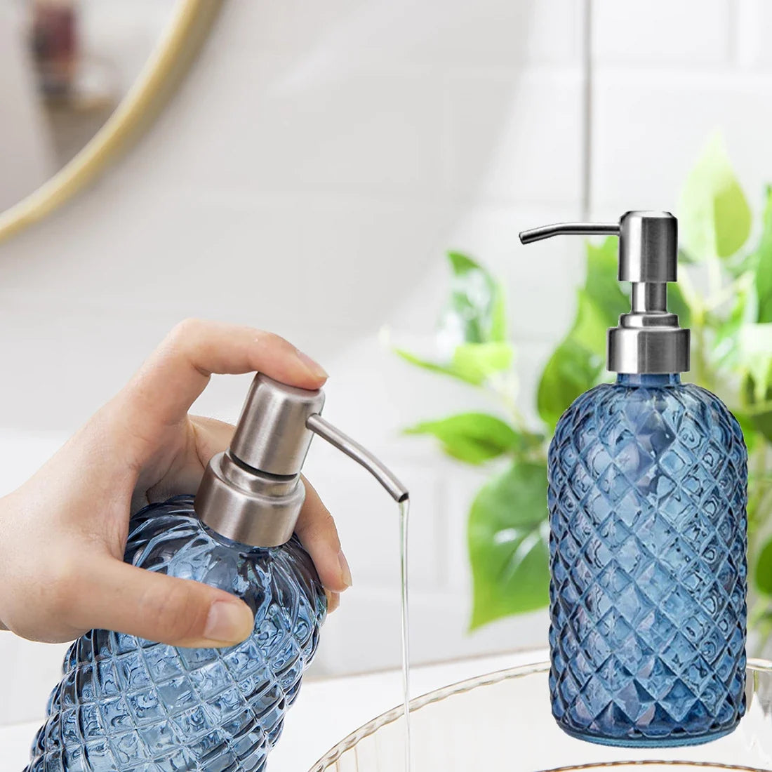 480ml Gem Pattern Glass Soap Dispenser – Rust-Proof Steel Pump