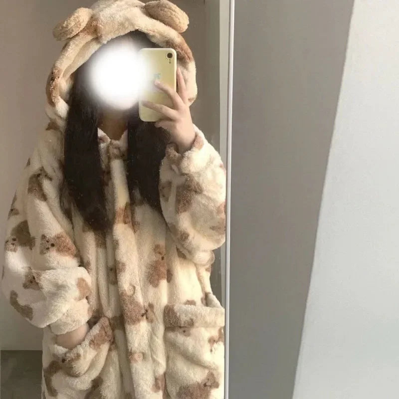 Women's Hooded Flannel Pyjama Set – Cute Bear Fluffy Robe