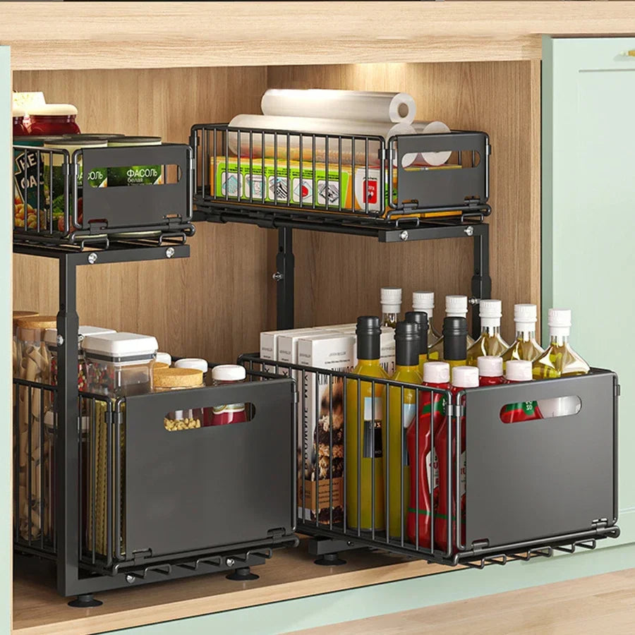 2-Tier Pull-Out Under Sink Organizer | Adjustable Sliding Shelf