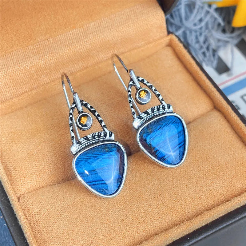 Huitan Punk Drop Earrings – Blue & Orange Geometric Print