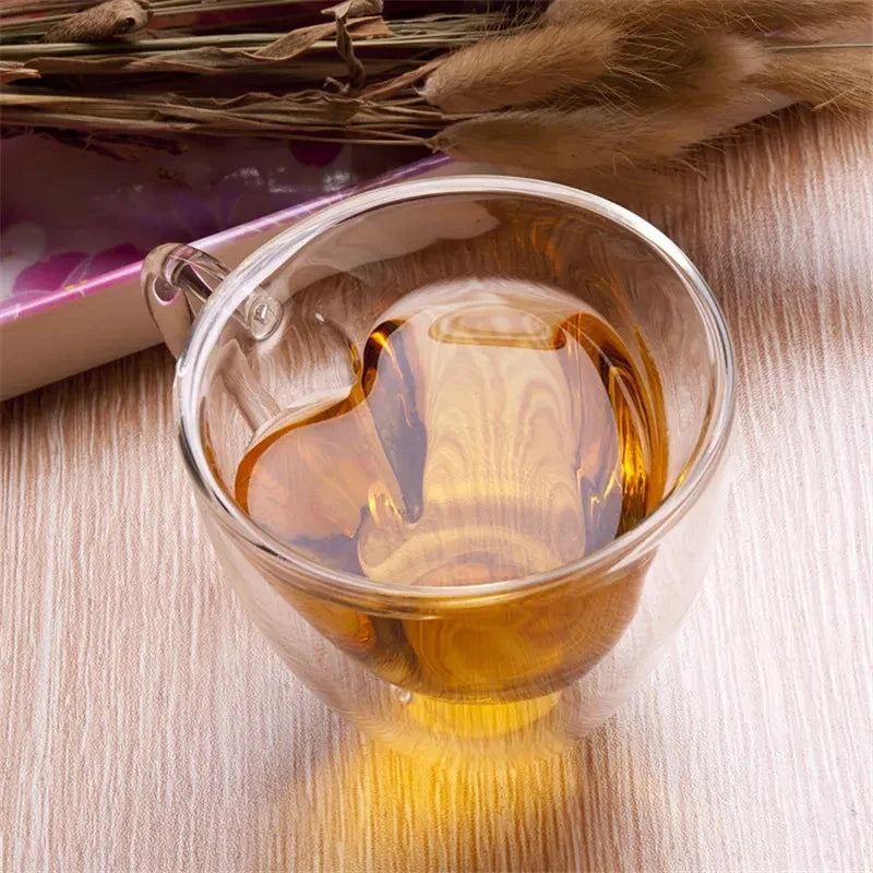 Heart Shaped Double Wall Glass Mugs Set of 4 – 240ml | KEMORELA