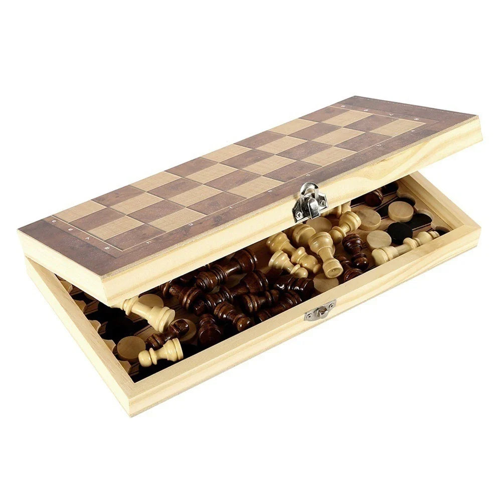 1 Chess Board Sets Folding Storage Wooden Travel Checkers Game