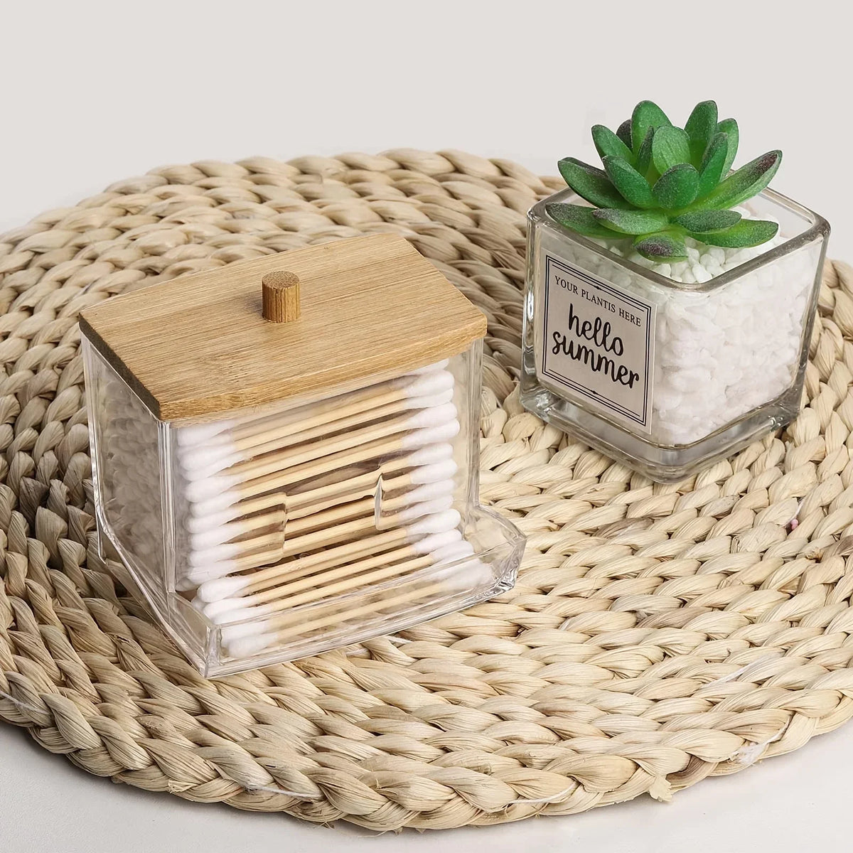Cotton Swab Box Transparent Bamboo Cover Dustproof Toothpick Storage