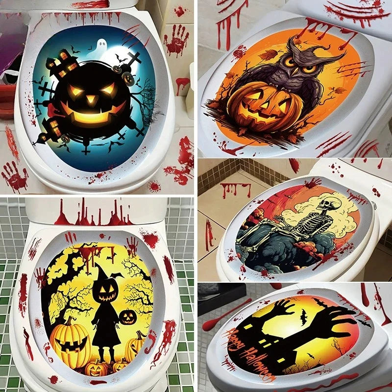 Halloween Toilet Lid Sticker Scary Pumpkin Haunted House Bathroom