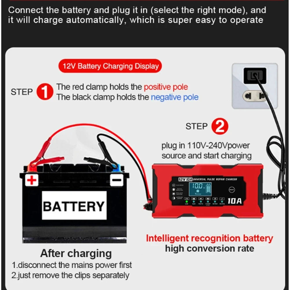 12V 10A Smart Battery Charger – LiFePO4, AGM, GEL & Lead Acid