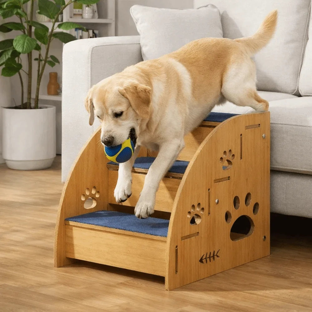 Non-Slip Wooden Dog Stairs with Safety Railing | Pet Steps