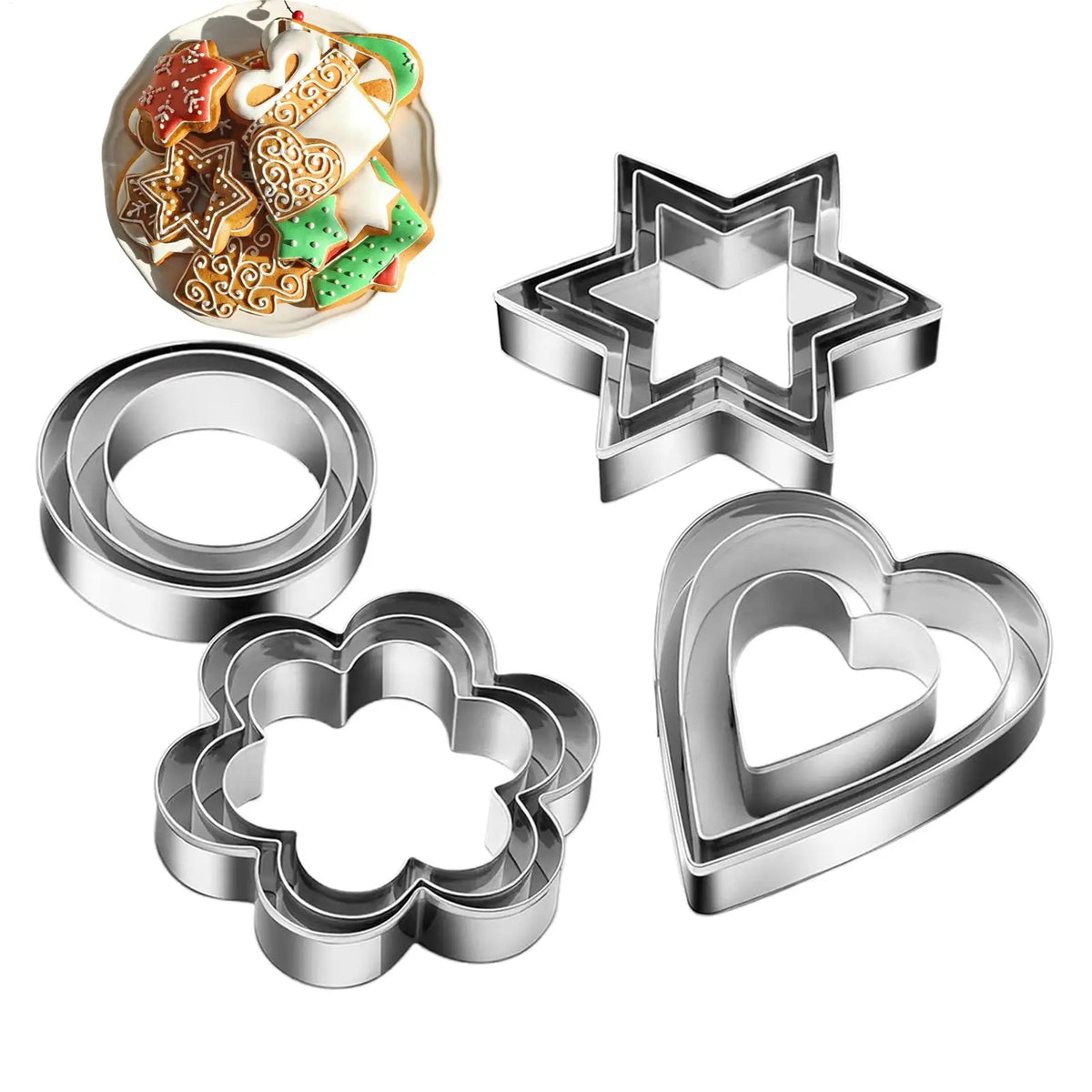 12-Piece Stainless Steel Cookie Cutters – Heart, Star & Flower