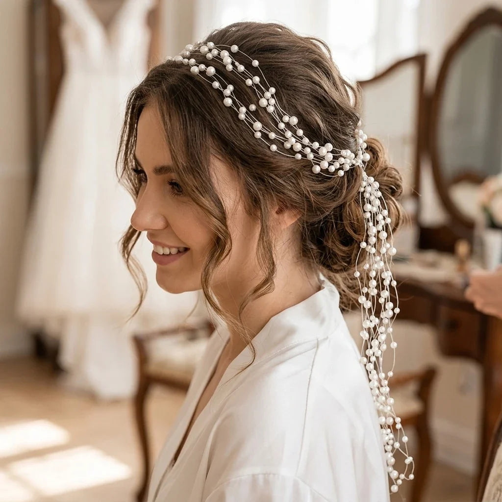 Multi-Layer Pearl Headband with 40cm Tassel Fringe | Bridal