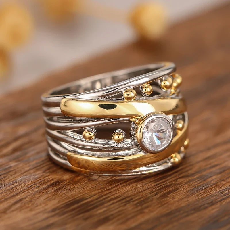 Huitan Two-Tone Cubic Zirconia Ring – Women's Fashion Band