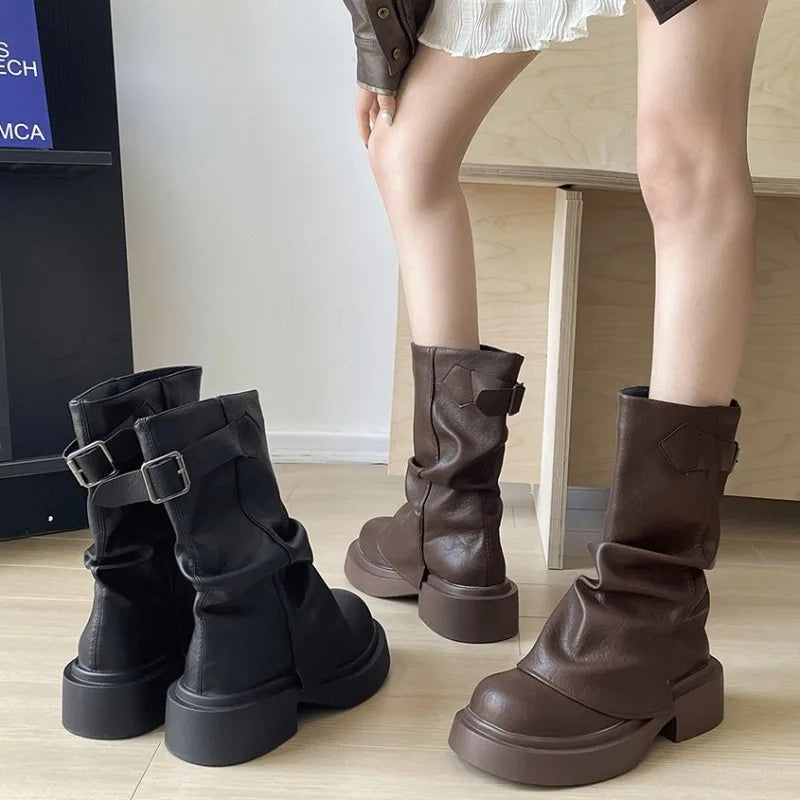 Women's Chunky Platform Mid-Calf Boots | Retro British Style
