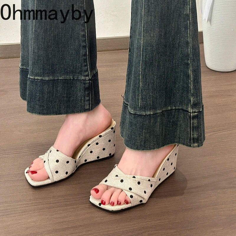 Women's Polka Dot Wedge Slippers – Square Toe Summer Slides