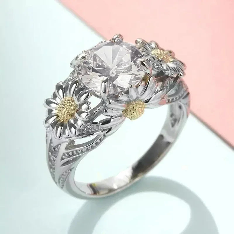 Huitan Sunflower Ring Women – Cubic Zirconia Brass Fashion Band
