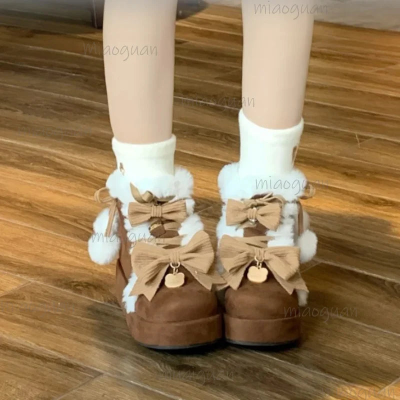 Women's Lolita Platform Snow Boots – Plush Bowknot PU Winter
