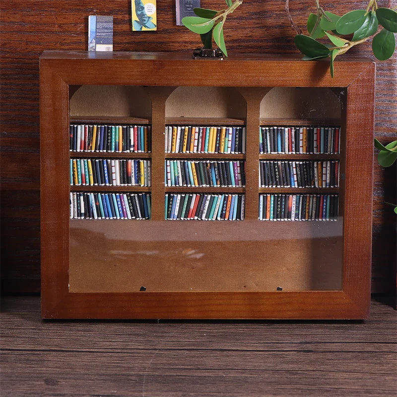 Miniature Wooden Bookshelf Ornament with 200 Mini Books