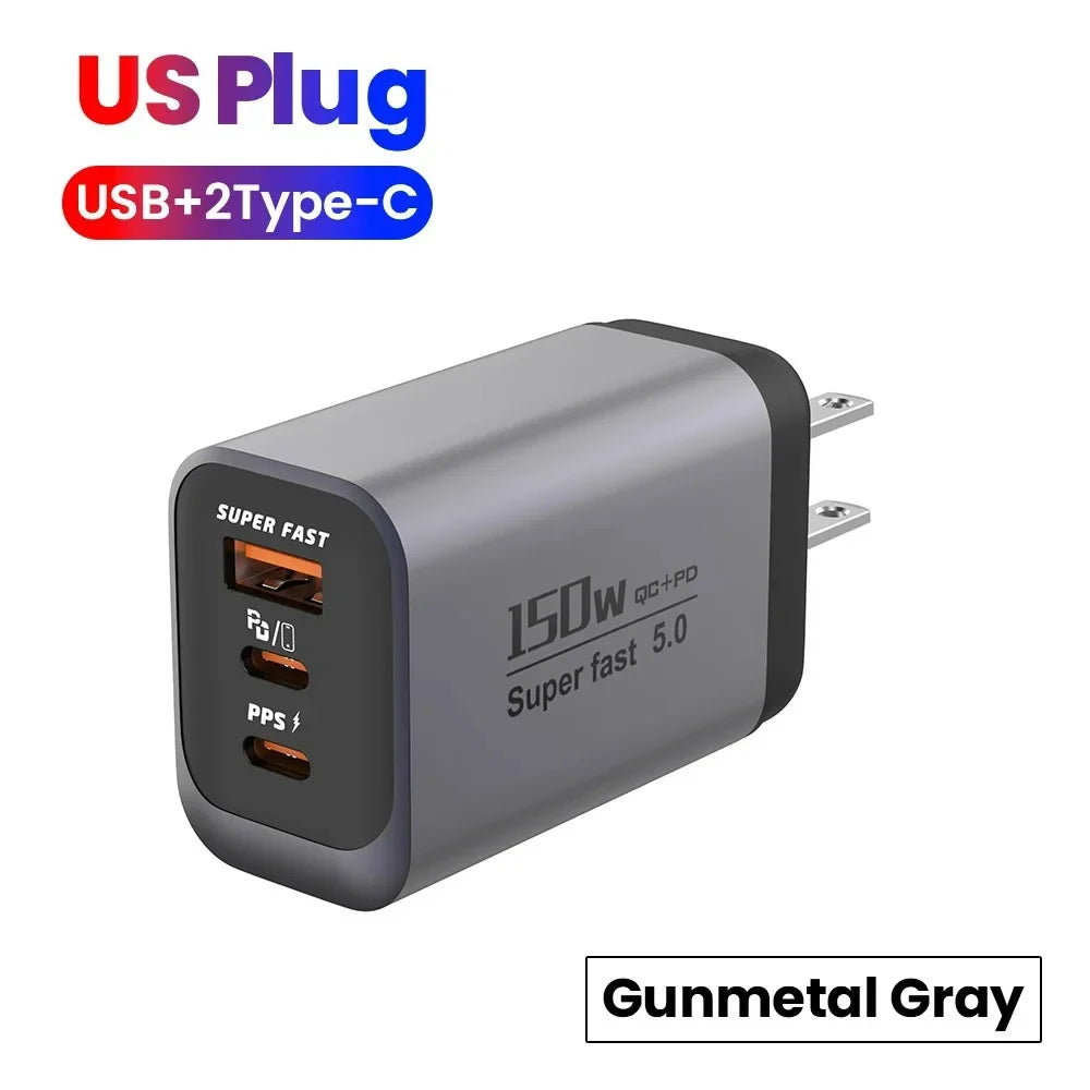 150W Fast Charger 3-Port USB-C PD3.0 QC3.0 Wall Adapter