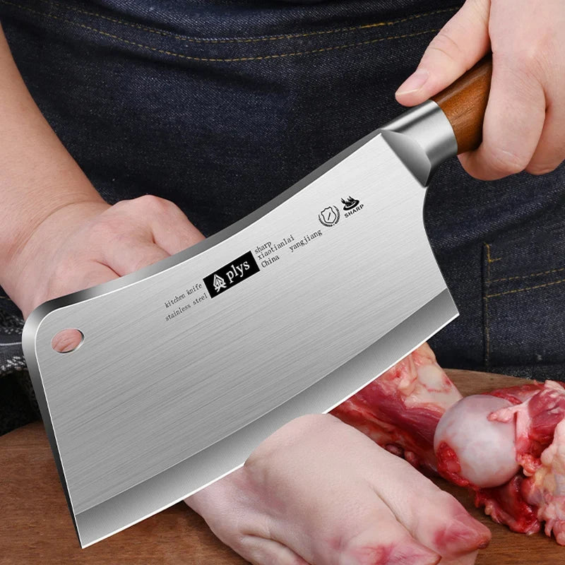 Stainless Steel Butcher Knife – Sharp Chef's Cleaver Wood Handle